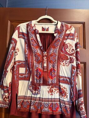 Boho Paisley Split-Neck Women's Top - Maroon, Ivory and Blue Multi